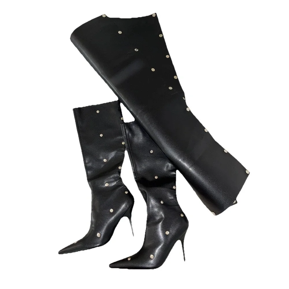 Boots Knee High Women's 9.5 Black Detachable‎ Front Panel 2-Way Stiletto Pointy